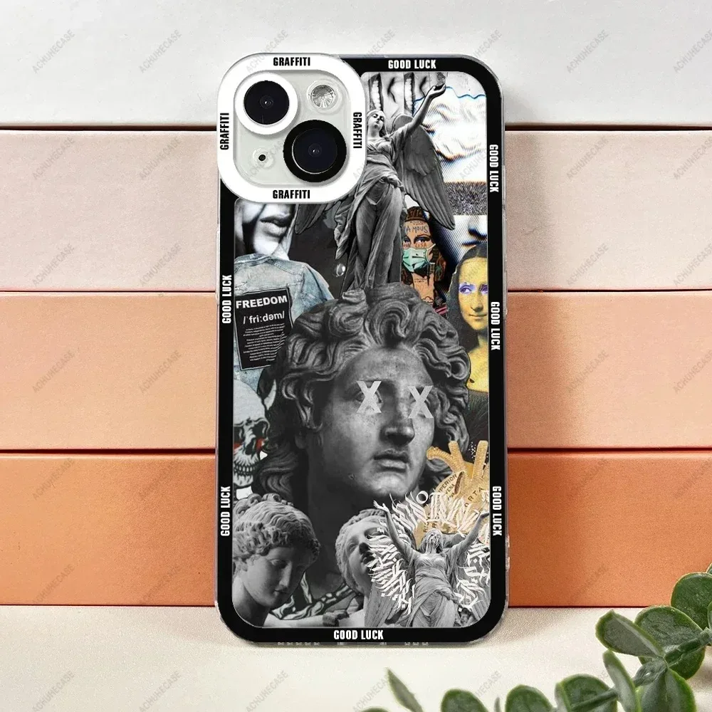 Color: Clear, Material: Microfiber - Aesthetic Statue Art Phone Case For iPhone 16 15 14 13 12 11 Pro Max XS X XR Plus Mini Luxury Transparent Soft Funda