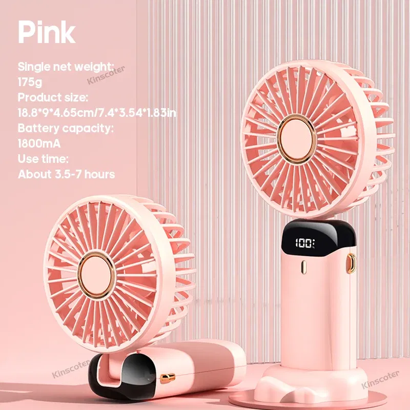 Color: Light Grey - USB Handheld Mini Fan Foldable Portable Neck Hanging Fans 5 Speed USB Rechargeable Fan with Phone Stand and Display Screen