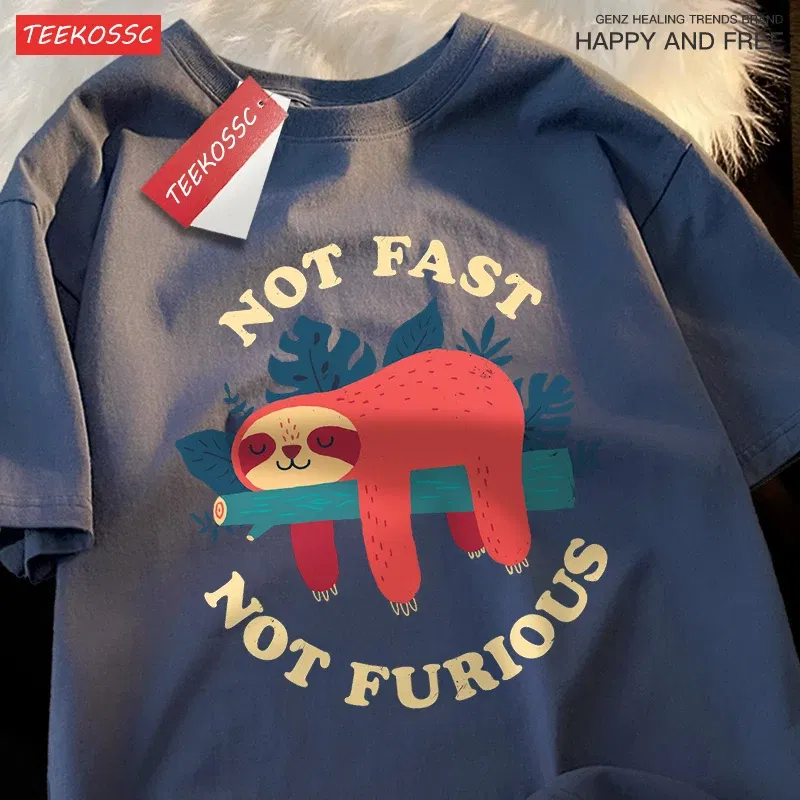 Color: WHITE, Size: S - Not Fast Not Furious Cute Sloth Male T Shirts Hip Hop Crewneck Short Sleeve Summer Cotton Tops Casual Sweat Oversized T-Shirts