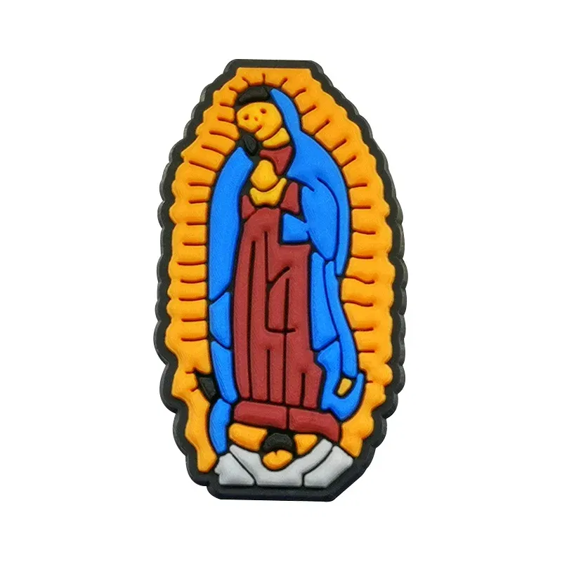 Color: Beige - 1pcs New Shoe Charm Religion PVC Clog Charms Crucifix Blessed Virgin Mary Clog Pin Clips Jeans Garden Sandal Shoe Decoration
