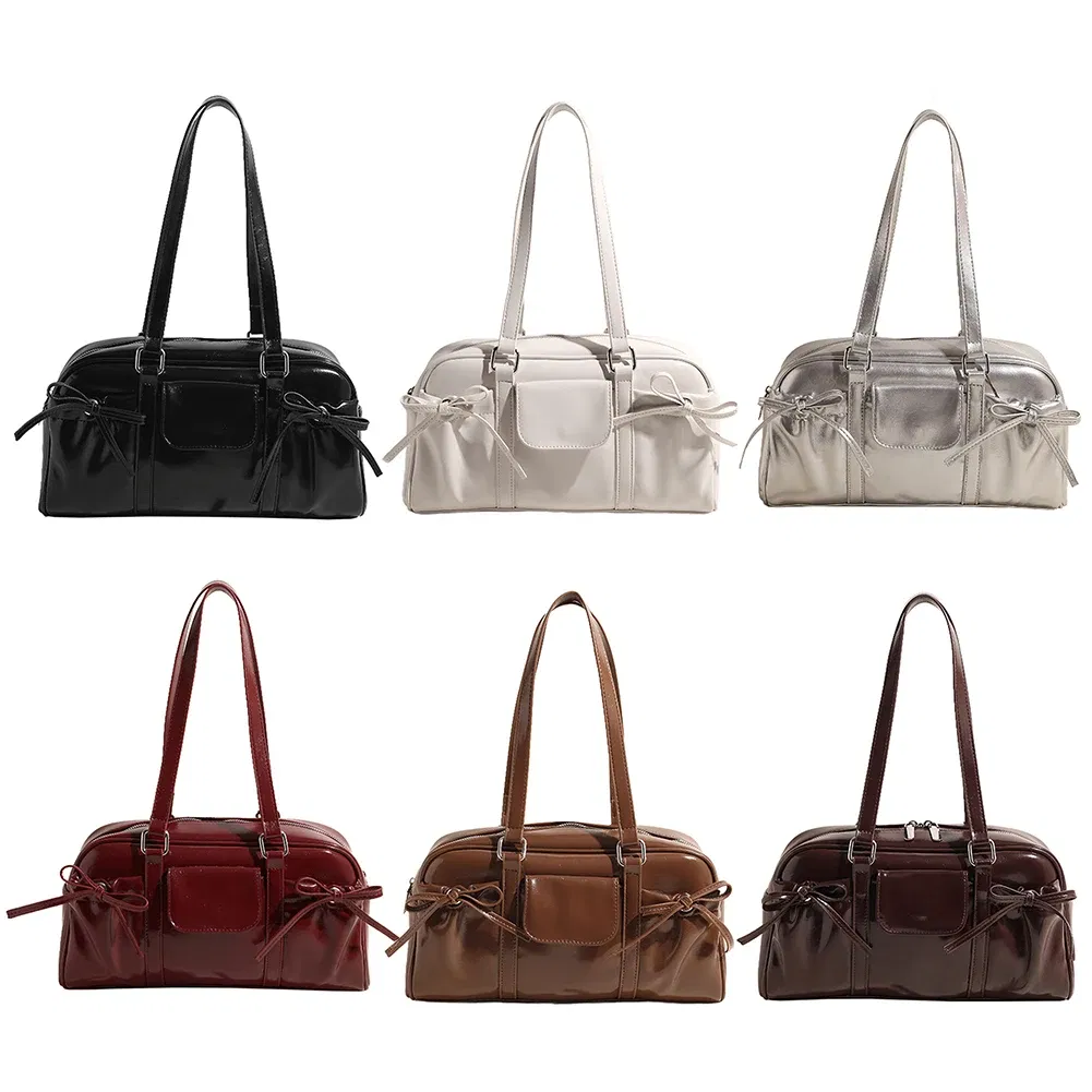 Color: Silver, Ships From: CHINA - Stylish Women Bow Shoulder Bag in PU Leather with Multi Pockets Ideal for Casual Outings Travel and Shopping