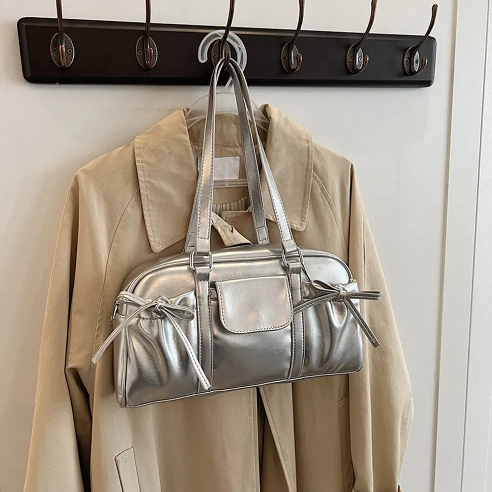 Color: Silver, Ships From: CHINA - Stylish Women Bow Shoulder Bag in PU Leather with Multi Pockets Ideal for Casual Outings Travel and Shopping