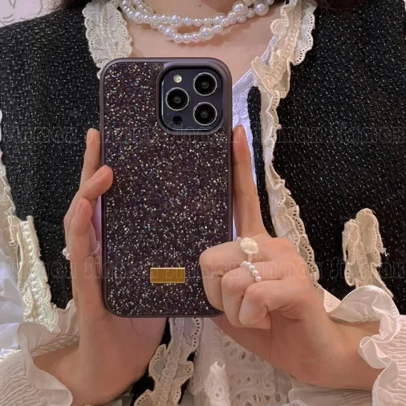 Color: Beige, Material: Cotton Fabric - Luxury Glitter Designed Shell For iPhone 16 15 Pro Max 14 13 12  Luxurious Bling Sparkling Rhinestone Diamond Jewels Cover Case