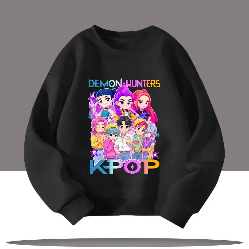 Color: army green, Kid Size: 9 - K-pop Demon Hunters Cartoon Print 3-12 Year Old New Style Kids Round-neck Sport Shirt Cute Girl Casual Top Children's Clothing