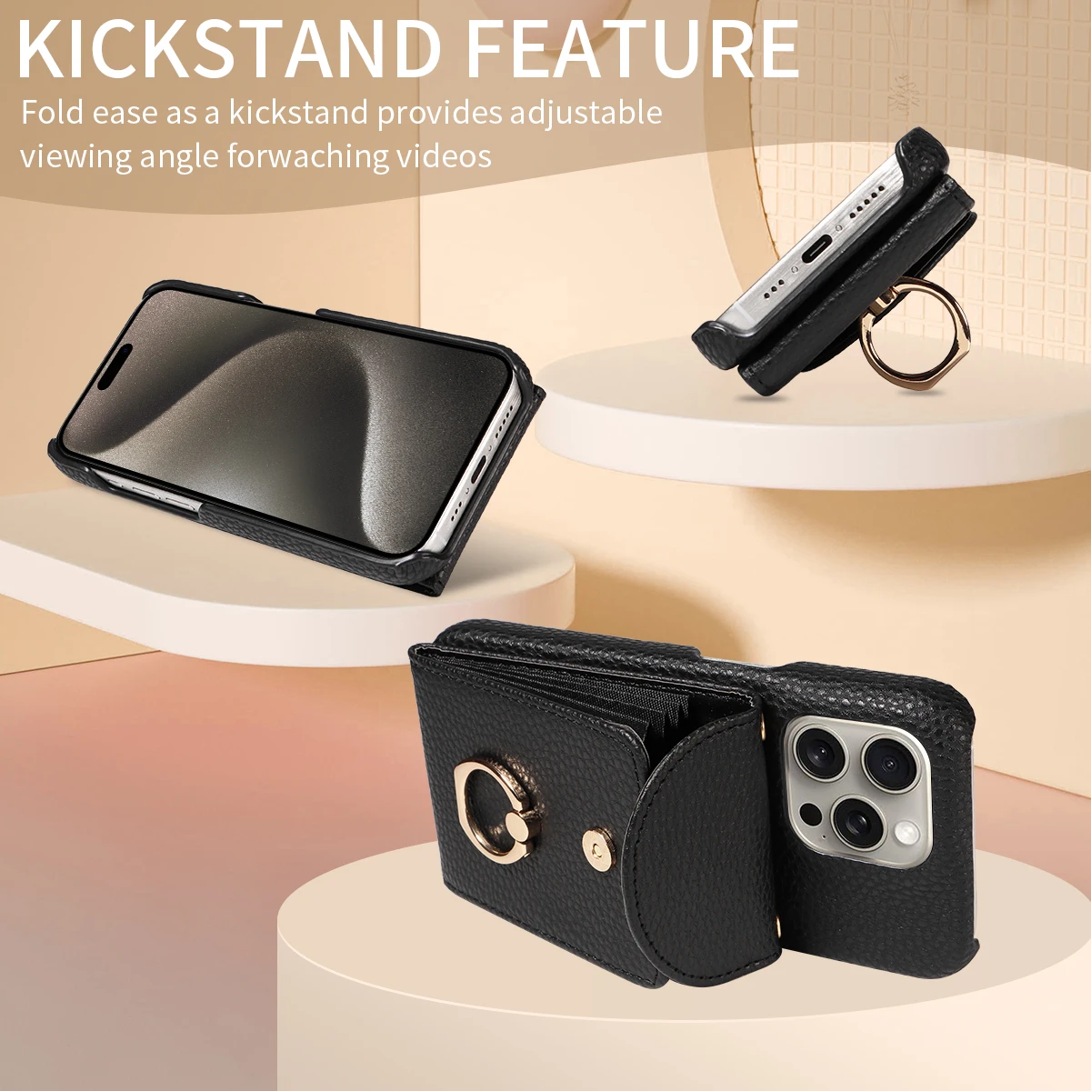 Color: black, Compatible-Phone Models: For iPhone 16 Plus, Bundle: Case & Strap, Material: Artificial Leather - High Quality Ring Stand Lychee Pattern Phone Case for IPhone16promax15 14 13 Crossbody with Lanyard PU Leather Anti-fall Cover