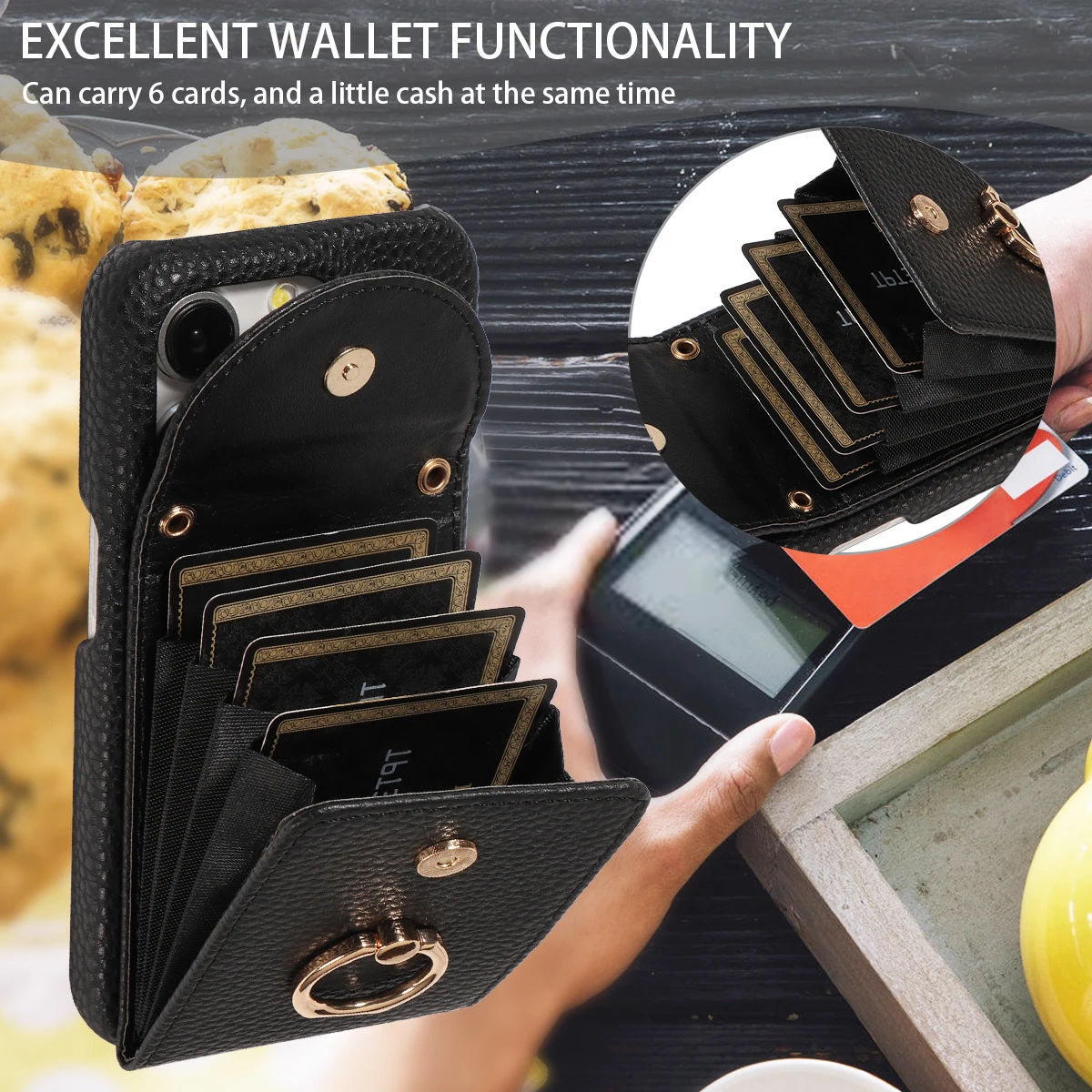 Color: black, Compatible-Phone Models: For iPhone 16 Plus, Bundle: Case & Strap, Material: Artificial Leather - High Quality Ring Stand Lychee Pattern Phone Case for IPhone16promax15 14 13 Crossbody with Lanyard PU Leather Anti-fall Cover