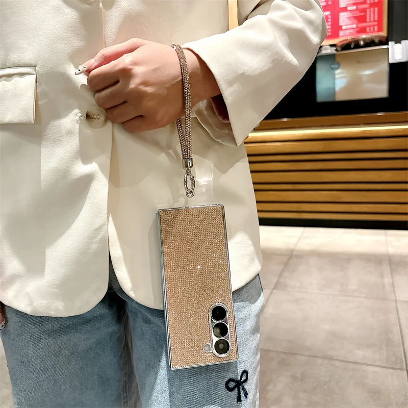 Color: SKY BLUE, Material: Cotton Fabric - Luxury Flash Diamond Sparkling phone case for Samsung Galaxy Z Fold 6 5 zfold 4 Electroplated bracelet shockproof cover
