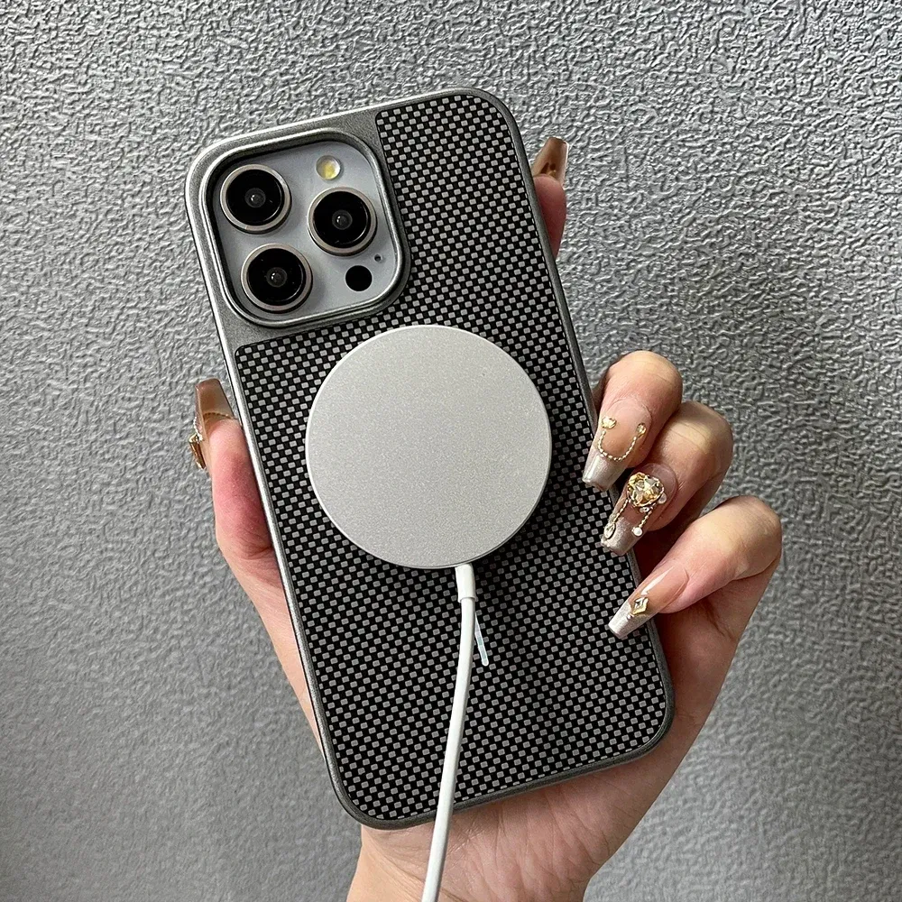 Color: Brown, Compatible-Phone Models: For iPhone 14 Pro Max - Carbon Fiber Textured Magnetic Phone Case For iPhone 16 Pro Max 15 14 13 12 Shockproof Soft Cover For Magsafe Wireless Charging