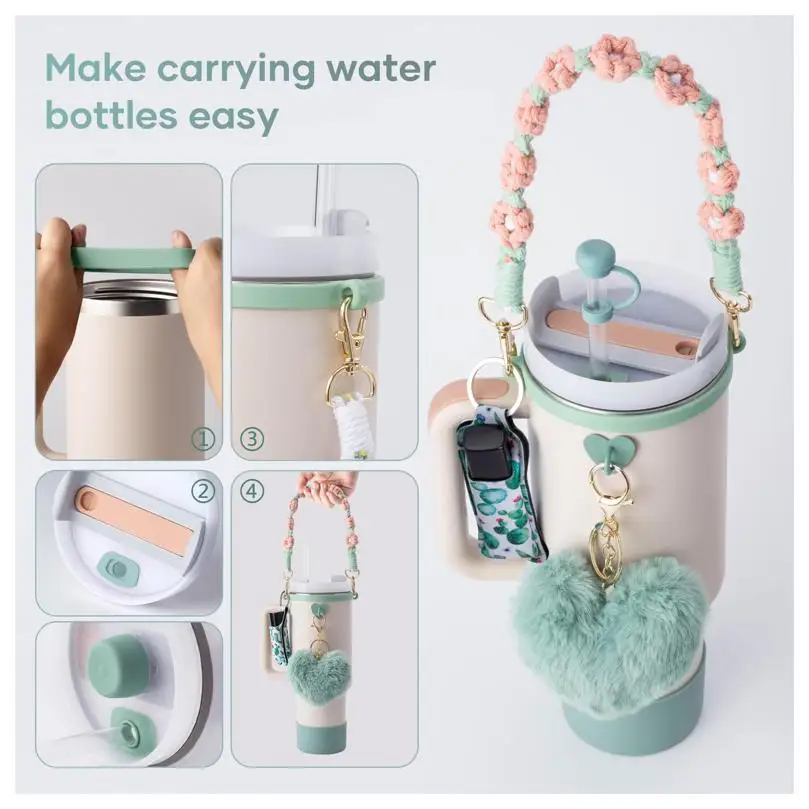 Color: light green, Ships From: CHINA - ins antislip straw cap case Charm chain pendant lot Accessories Initial Keychain Handle for Stanley cup bottle Tumbler for Women
