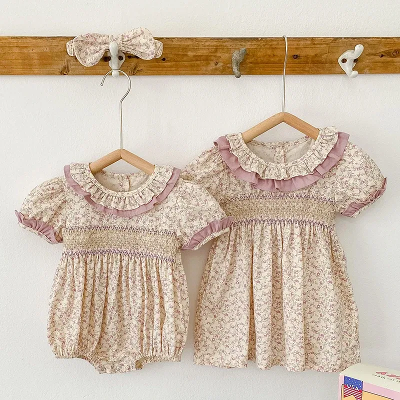 Color: MULTI, Kid Size: 12M - 2024 New Summer Kids Princess Dresses Short Sleeved Cotton Print Baby Girl Party Dress Infant Girl Romper Sister Clothing