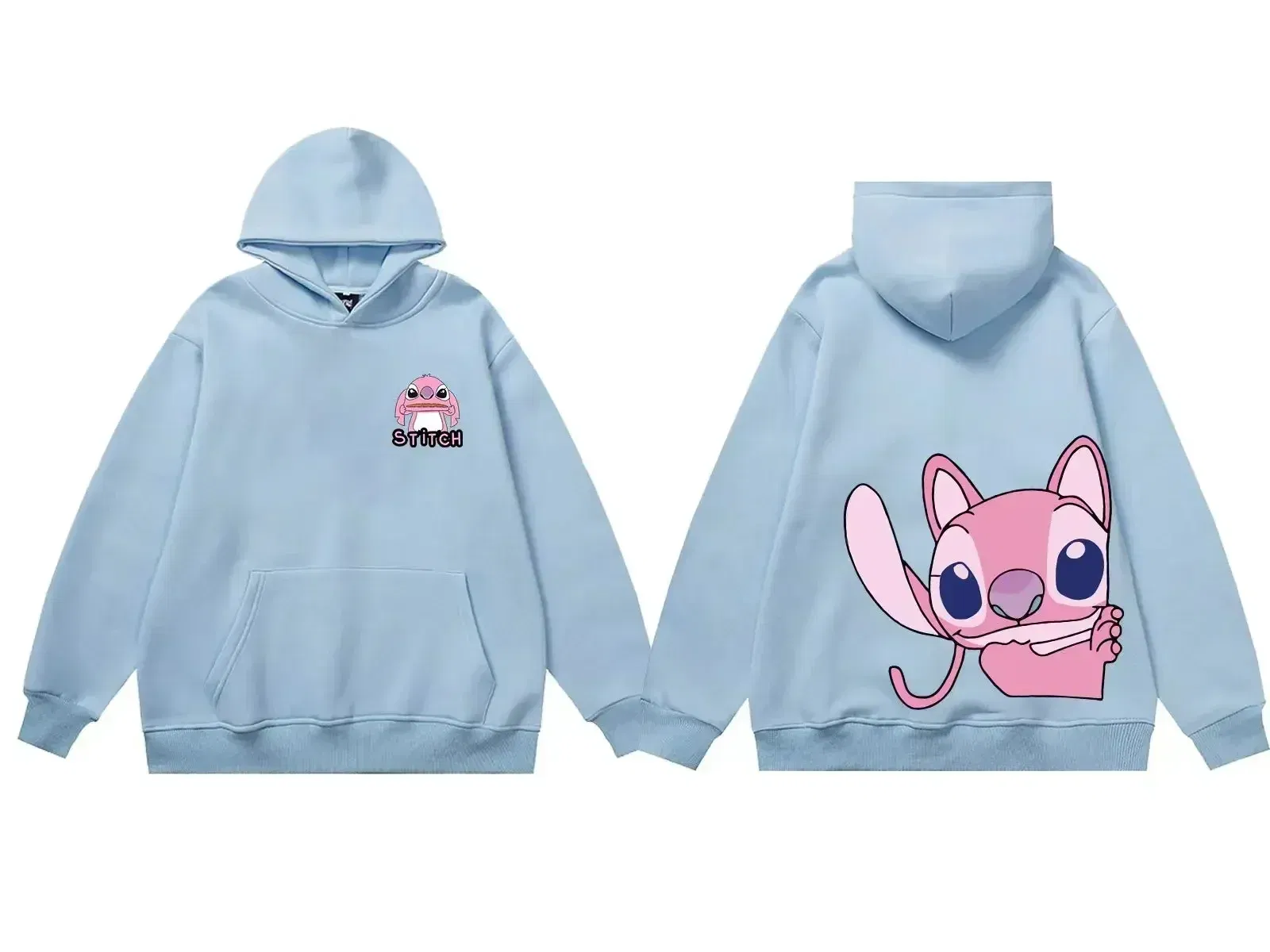 Color: Khaki, Size: M - Disney Hoodie Fashion Stitch Angel Monster Letter Cartoon Sweatshirt Pullover Cute Harajuku Unisex Women's Pocket Top