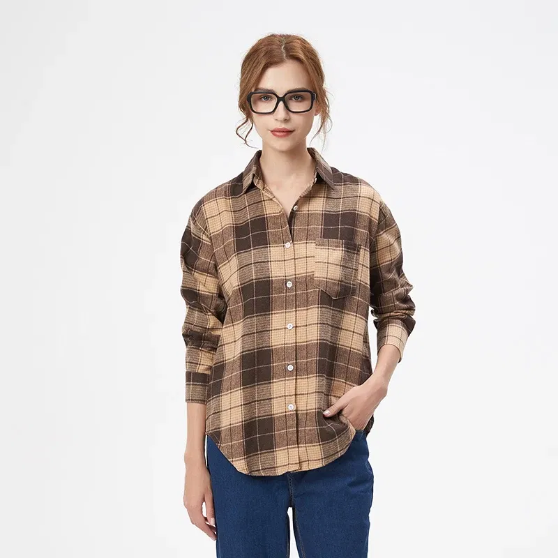 Color: Dark Grey, Size: S - Fresh Flannel Plaid Shirt Women 2024 New Female Blouses and Tops Cotton Loose Long Sleeve Casual Shirts Fine Women's Clothes