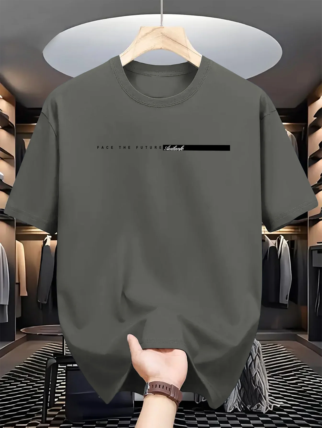 Color: Dark Grey, Size: M - Summer men's 100% cotton casual loose fit large letter print round neck short sleeved T-shirt top High Street Unisex style