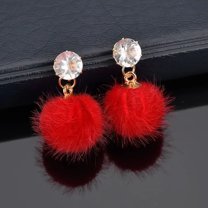 Metal Color: Light Yellow Gold Color - New Artificial Hair Dangle Earrings for Women Crystal Top Short Small Fluffy Ball Earrings Boho Fashion Jewelry brincos bijoux