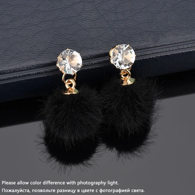 Metal Color: Light Yellow Gold Color - New Artificial Hair Dangle Earrings for Women Crystal Top Short Small Fluffy Ball Earrings Boho Fashion Jewelry brincos bijoux