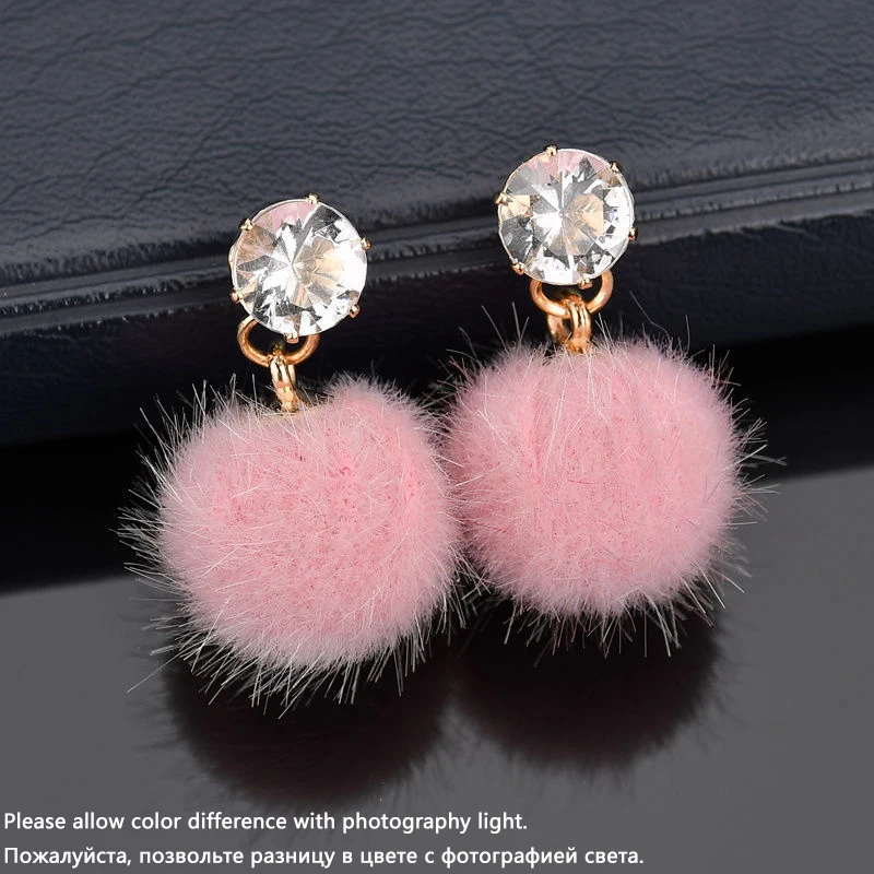 Metal Color: Light Yellow Gold Color - New Artificial Hair Dangle Earrings for Women Crystal Top Short Small Fluffy Ball Earrings Boho Fashion Jewelry brincos bijoux