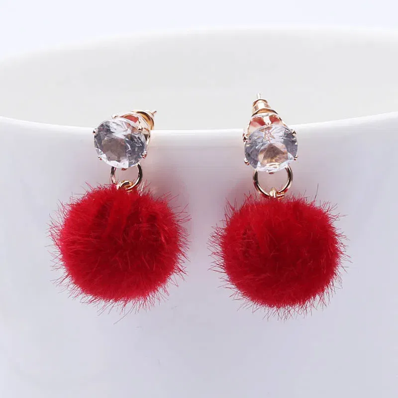 Metal Color: Light Yellow Gold Color - New Artificial Hair Dangle Earrings for Women Crystal Top Short Small Fluffy Ball Earrings Boho Fashion Jewelry brincos bijoux
