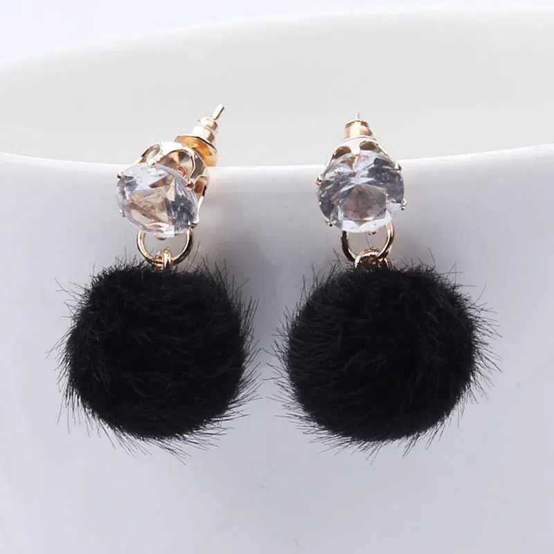 Metal Color: Light Yellow Gold Color - New Artificial Hair Dangle Earrings for Women Crystal Top Short Small Fluffy Ball Earrings Boho Fashion Jewelry brincos bijoux