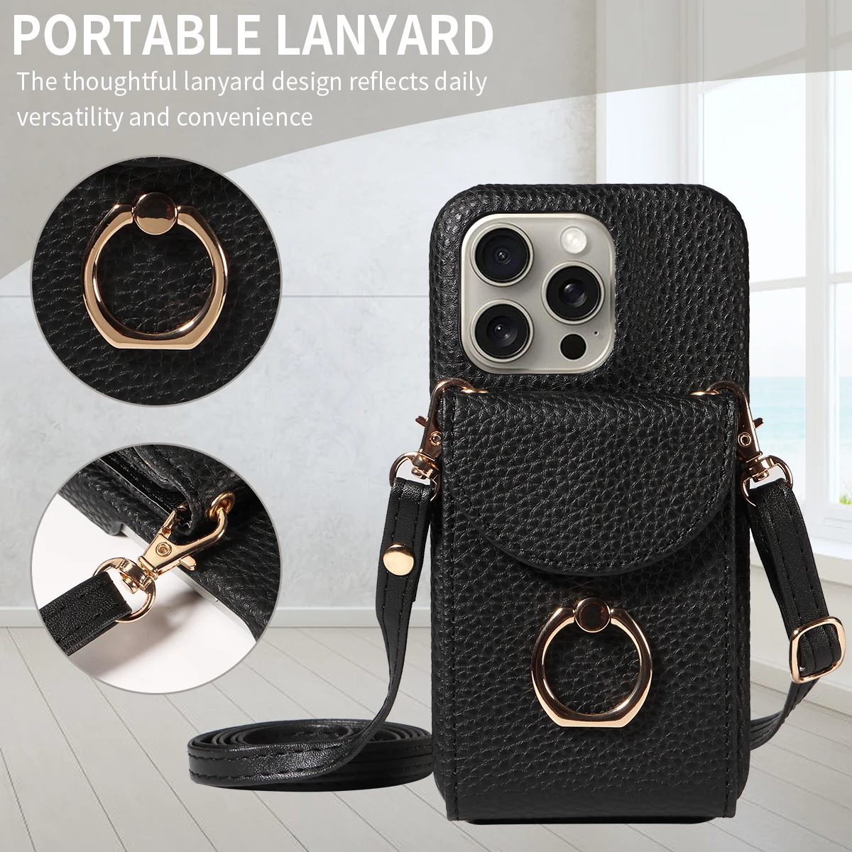 Color: Khaki, Compatible-Phone Models: For iPhone 13 Pro, Bundle: Case & Strap, Material: Artificial Leather - High Quality Ring Stand Lychee Pattern Phone Case for IPhone16promax15 14 13 Crossbody with Lanyard PU Leather Anti-fall Cover
