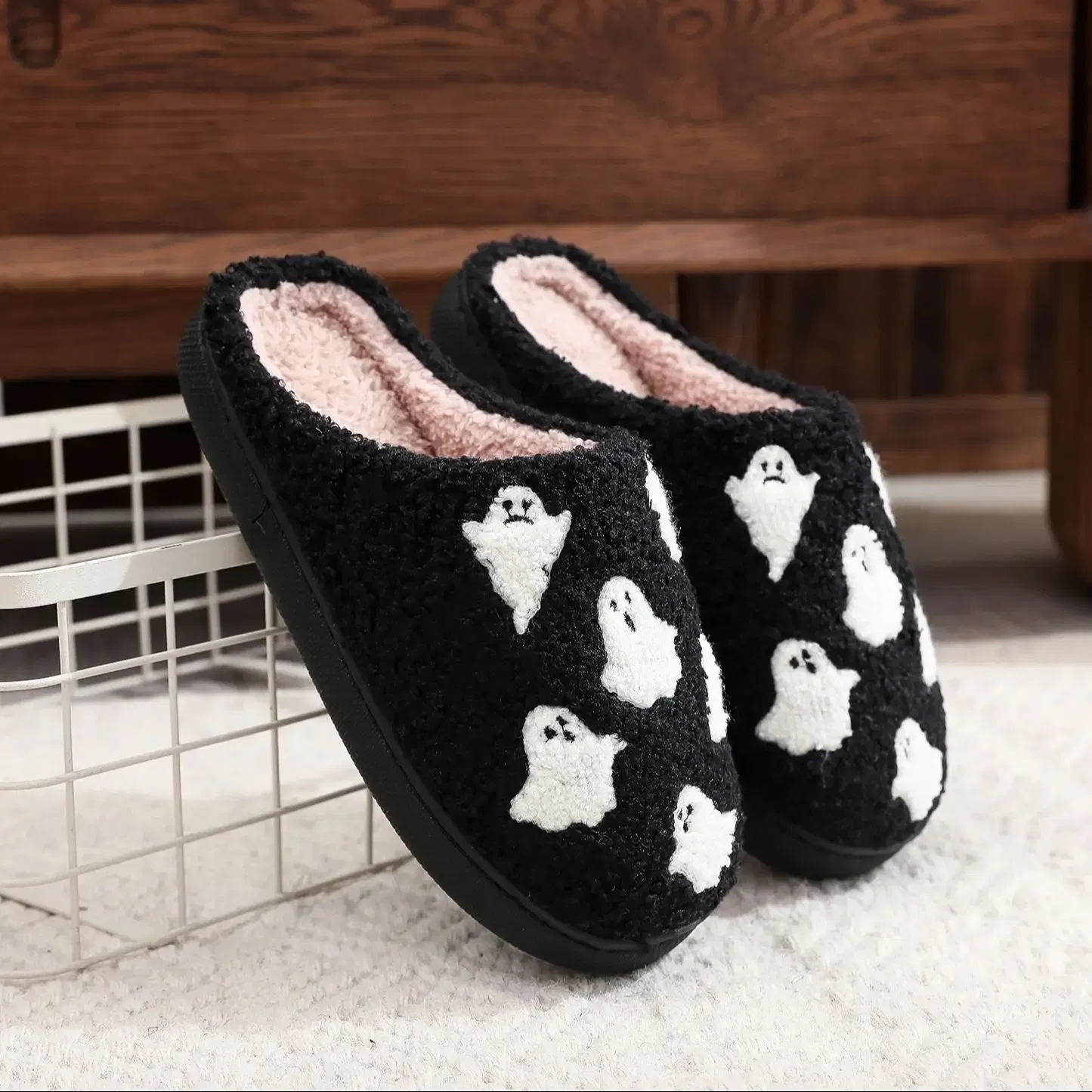 Color: black, Shoe Size: 40 - Halloween Ghost Pattern Black Cotton Slippers Non-slip Thick Sole Lightweight stuffed Slippers Holiday Gift