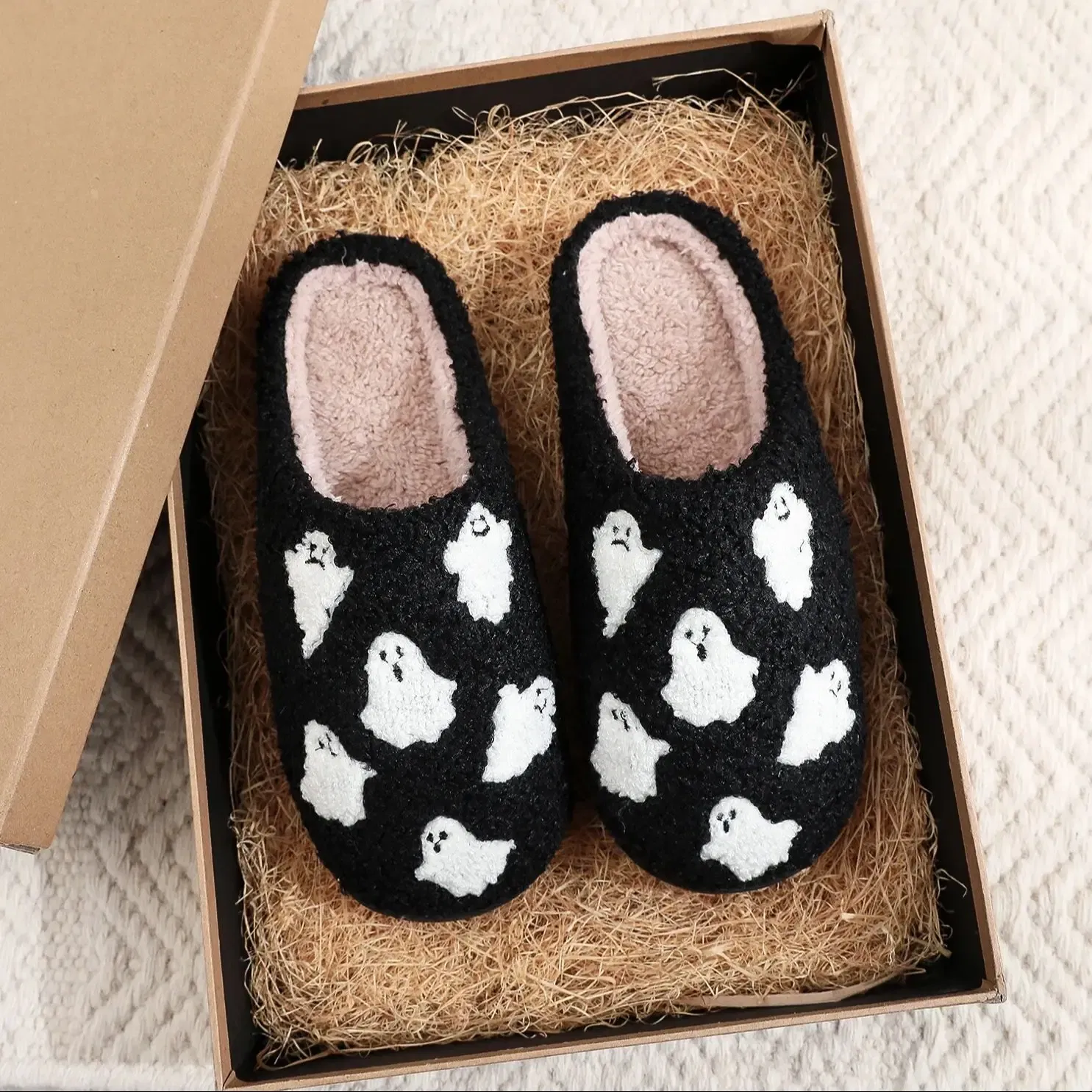 Color: black, Shoe Size: 40 - Halloween Ghost Pattern Black Cotton Slippers Non-slip Thick Sole Lightweight stuffed Slippers Holiday Gift