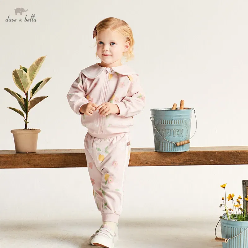 Dave Bella Floral Baby Girl Set for 2-9 Years Hooded Clothes Long Sleeve Baby Outfit Spring Autumn Children Coat Set DB1233511