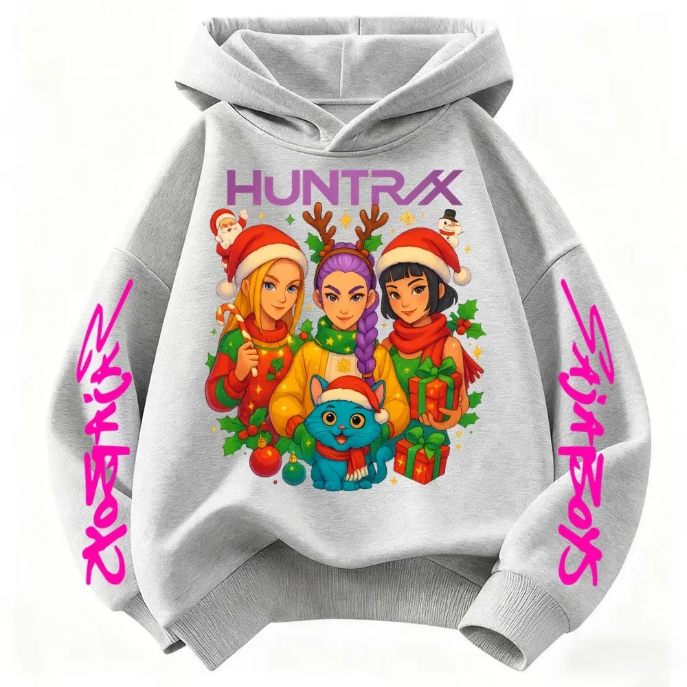 Color: Beige, Kid Size: 4 - KPop Demon Hunters Christmas Hoodie Girls Fashion Casual Sweatshirt Movie Kids K-Pop Demon Hunters Hooded Tops