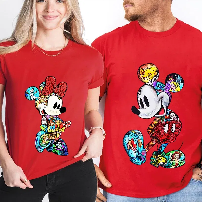Color: SKY BLUE, Size: XL - Disney Couples Mickey Mouse Minnie Print T-shirt Couples Men's and Women's Cotton Short Sleeve Casual Tops