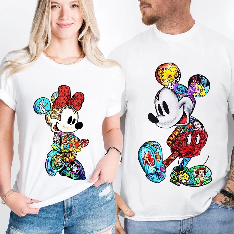 Color: SKY BLUE, Size: XL - Disney Couples Mickey Mouse Minnie Print T-shirt Couples Men's and Women's Cotton Short Sleeve Casual Tops