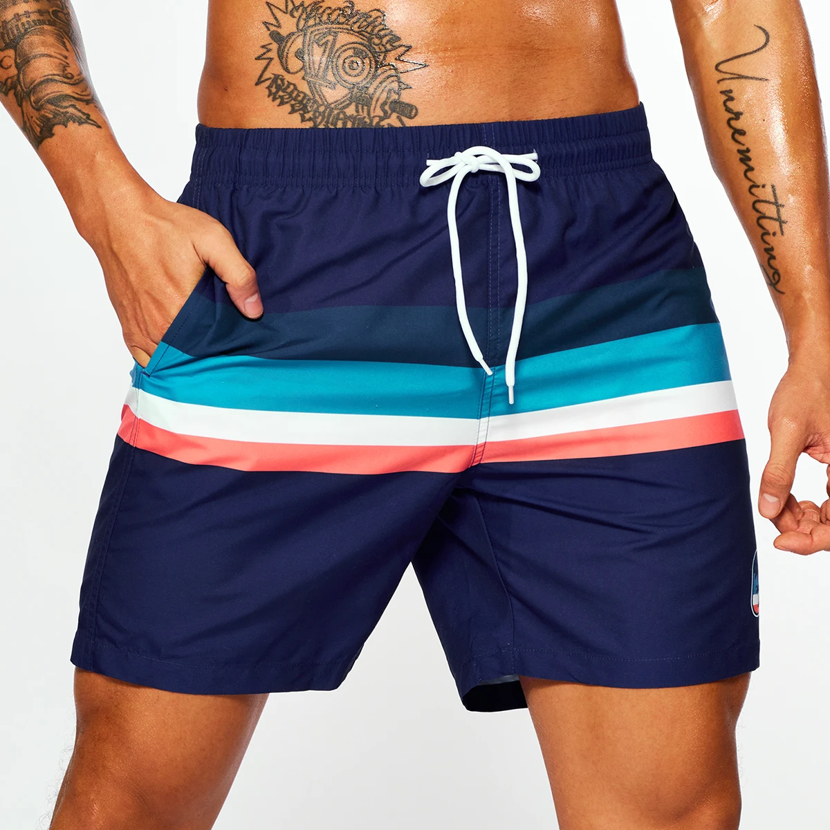 Color: MULTI, Size: XXL - Men's Navy Bottom Stripe Insert Print Beach Pants