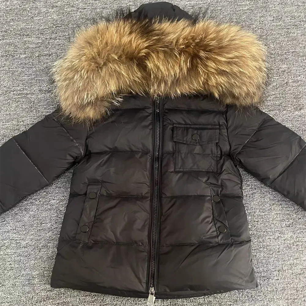 Color: Khaki, Kid Size: 10 - Kids Winter Down Jacket Shiny Real Raccoon Fur Collar Toddler Boys Hooded Coat Baby Girls Warm Snowsuit Children's Parkas
