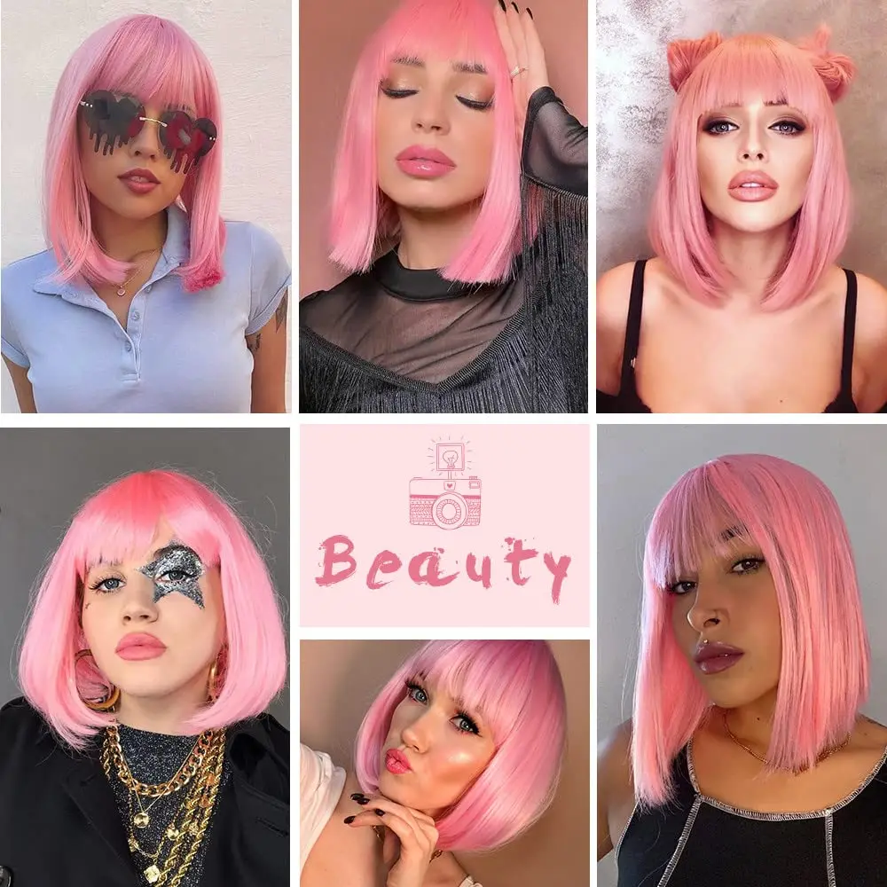Color: T1B/Green, Stretched Length: 12inches - 12-inch pink short straight hair synthetic wig for cosplay, pompadour hairstyle, daily high-temperature hair wig