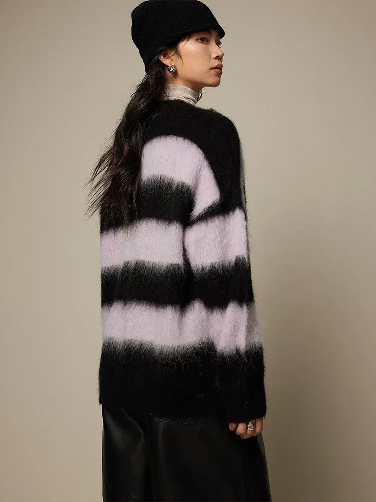 Color: WHITE, Size: One Size - SuyaDream, Alpace Pullovers for Woman, O Neck Dropped Sleeved, Loose Striped Sweaters, 2025 Fall Winter Top, Pink, Black, Khaki