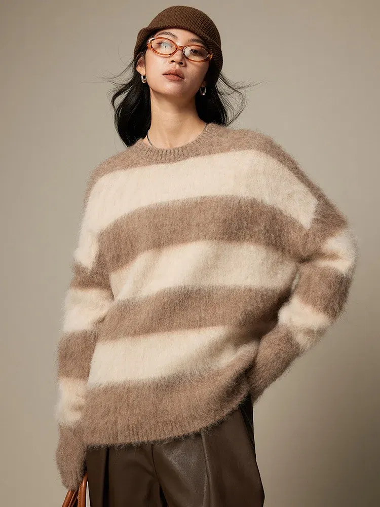 Color: WHITE, Size: One Size - SuyaDream, Alpace Pullovers for Woman, O Neck Dropped Sleeved, Loose Striped Sweaters, 2025 Fall Winter Top, Pink, Black, Khaki