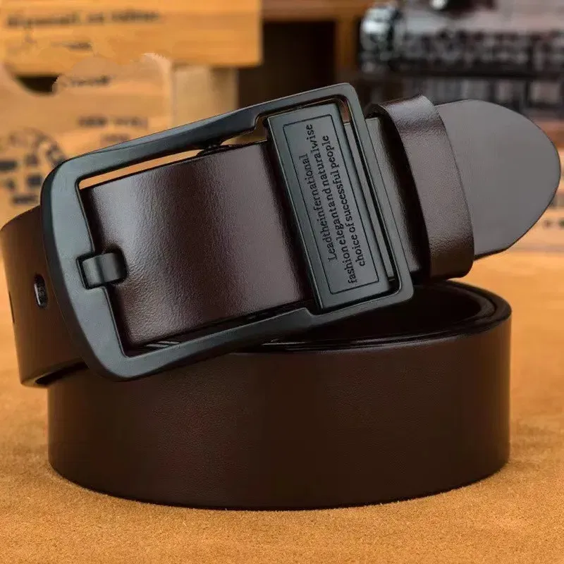 Color: army green, Belt Length: 120cm - New Leather Cowhide Men's Belt Fashion Metal Alloy Pin Buckle Adult Luxury Brand Jeans Business Casual Waist Male Strap Brand