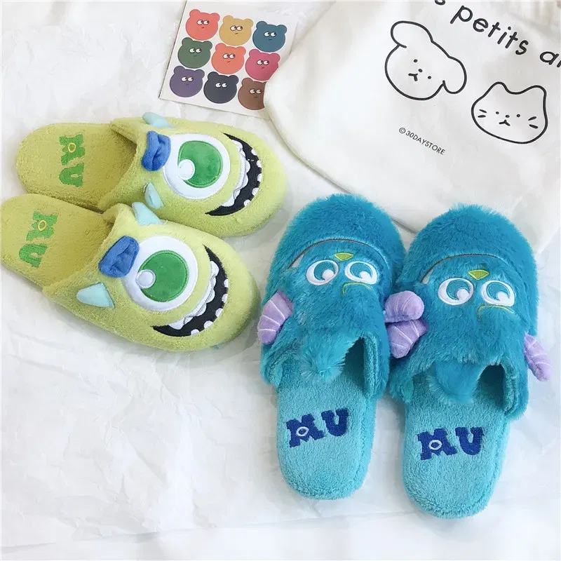 Color: Beige, Shoe Size: 37 - Cartoon Sulley Mike Slippers Cute Girl Warm Home Slippers Women Indoor Slippers Blue Duck Kawaii Non-slip Slippers Gifts EU36-41