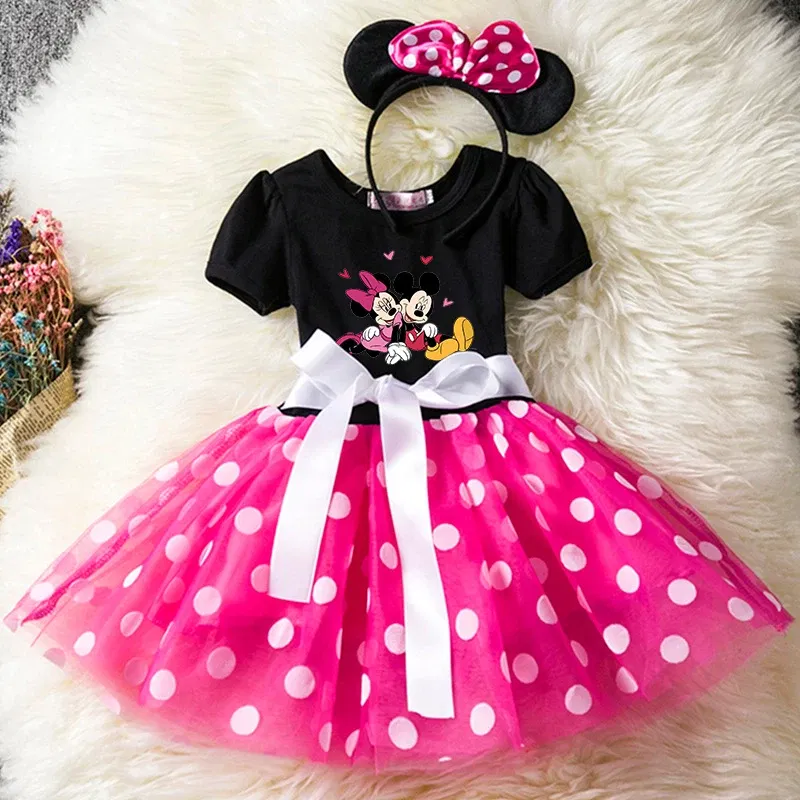 Color: Lavender, Size: XXS - Cartoon Mickey Minnie Mouse Kids Short Sleeve Polka Dot Princess Dress 1-6Y Party Baby Girls Clothes Cosplay Costumes