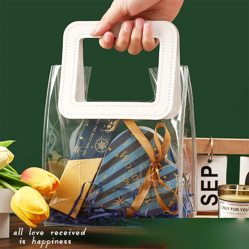 Color: Light green, Gift Box Size: Other - 1PC Clear Candy Handbag PVC Gifts Cosmetics Bag Transparent Souvenir Packaging Bags Tote Xmas Birthday Wedding Party Supplies