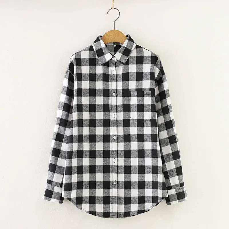 Color: Dark Purple, Size: L - Fresh Flannel Plaid Shirt Women 2025 New Female Blouses and Tops Cotton Loose Long Sleeve Casual Shirts Fine Women's Clothes