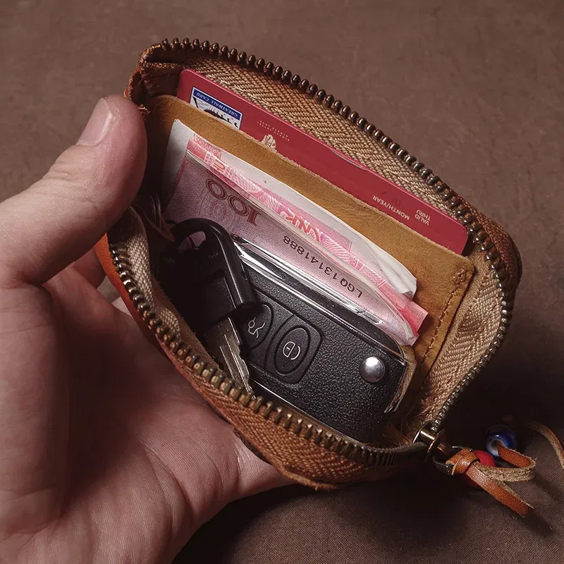 Color: Brown, Ships From: CHINA - GURO High Quality Genuine Leather Home Car Key Bag Retro Men Handmade Top Cowhide Coin Purse Women Zipper Mini Wallet Card Holde