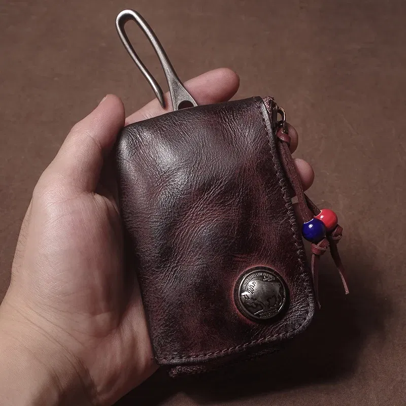Color: Brown, Ships From: CHINA - GURO High Quality Genuine Leather Home Car Key Bag Retro Men Handmade Top Cowhide Coin Purse Women Zipper Mini Wallet Card Holde