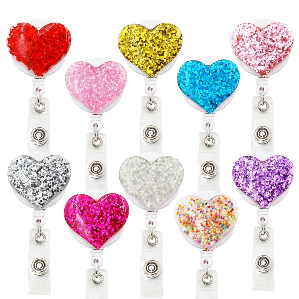 Color: PURPLE - idclip 10 Pcs Bling Love Heart Retractable Badge Holder Badge Clips for Nurse ID Badge Reel with Alligator Clip