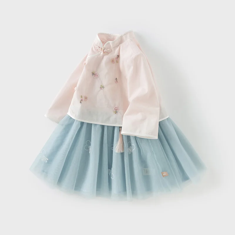 Dave Bella Children's Dress 2025 Spring Gentle Cute Girl Baby Embroidery Hanfu Fake Two Piece Party Outdoor Elegant DB1250679