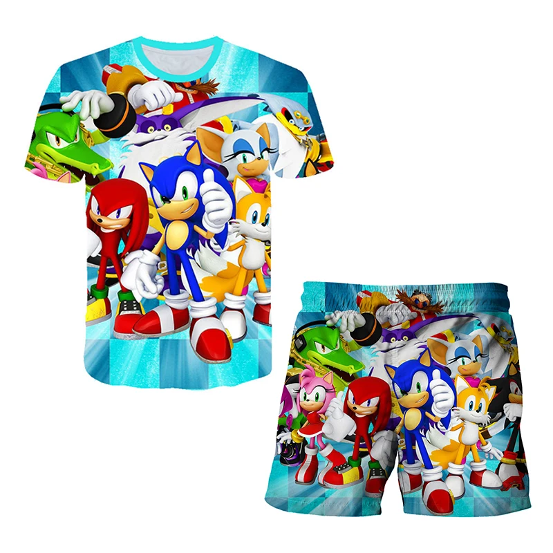 Color: Silver, Size: >40cm - New Japanese cartoon Sonic T-shirt children's top T-shirt shorts two-piece set summer boy cartoon cute T-shirt+beach pants