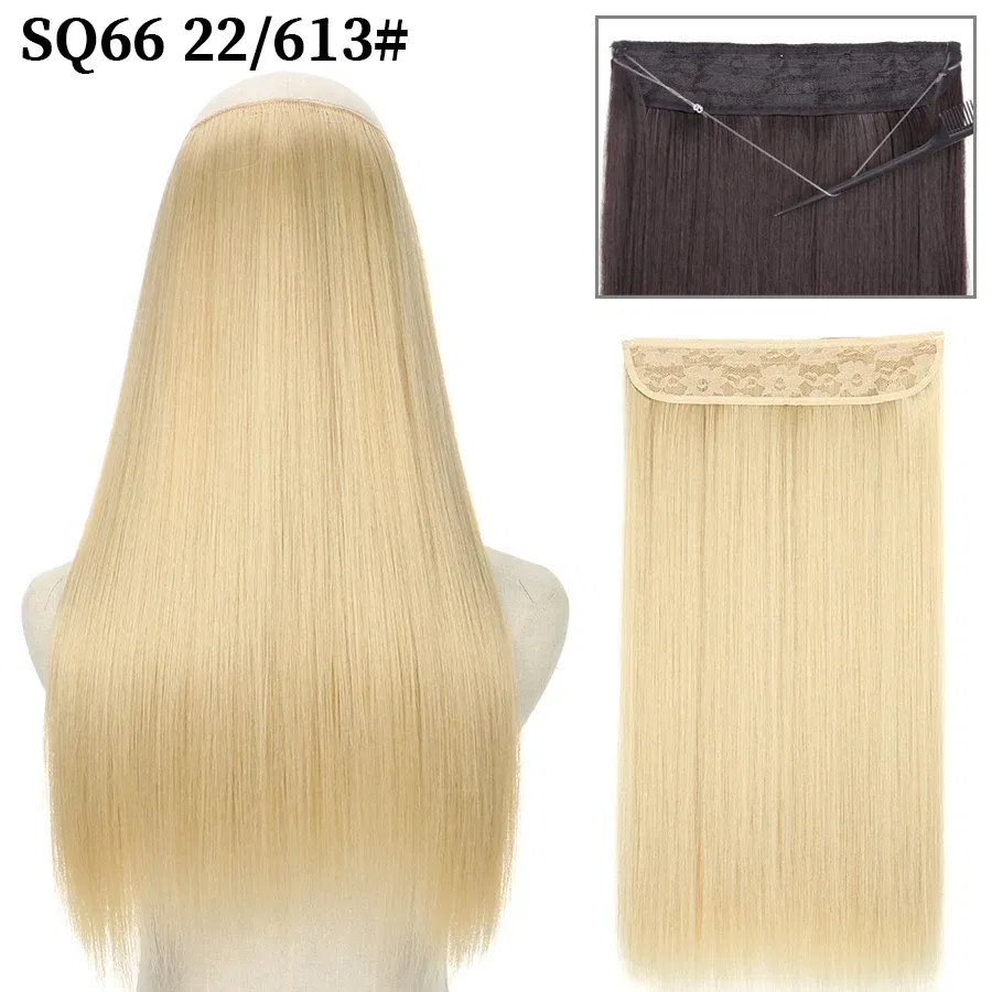 Color: #27, Stretched Length: 16inches, Ships From: CHINA - Synthetic Natural Wavy No Clip Fish Line Invisible Hair Extensions Mixed Color Blonde Black Artificial False Hair Piece ForWomen