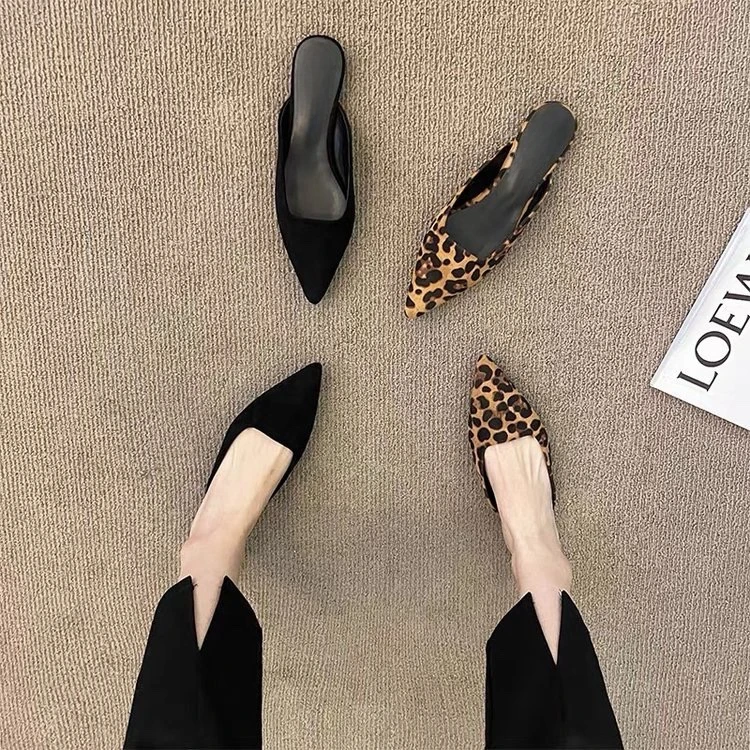 Color: black, Shoe Size: 36 - Women Slippers Pointed Toe Leopard Design Shallow Slip on Thin Low Heels Black Flock Design Casual Mules Loafers Black Outdoor