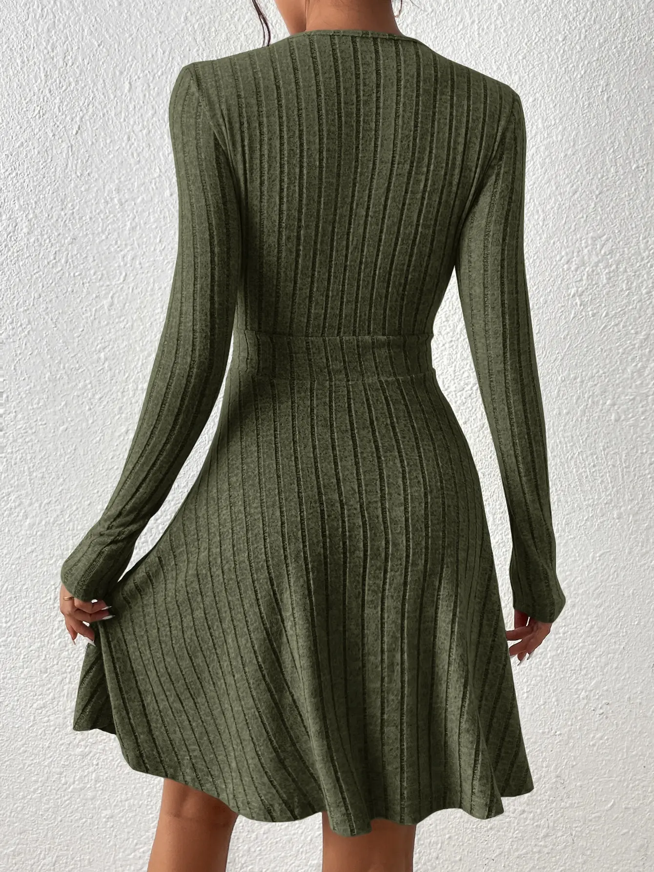 Color: army green, Size: S - Autumn and Winter New V-neck Sexy Waistline A-line Umbrella Skirt Big Swing Long-sleeved Knit Dress