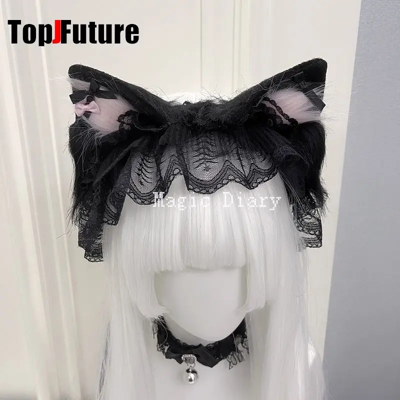 Color: black, Size: One Size - Japanese Subculture Y2K Girls Cosplay Lace Ruffle Beast ear Hair band Gothic Lolita Harajuku Women's Hair hoops Hair Accessories