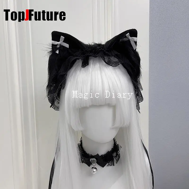 Color: black, Size: One Size - Japanese Subculture Y2K Girls Cosplay Lace Ruffle Beast ear Hair band Gothic Lolita Harajuku Women's Hair hoops Hair Accessories