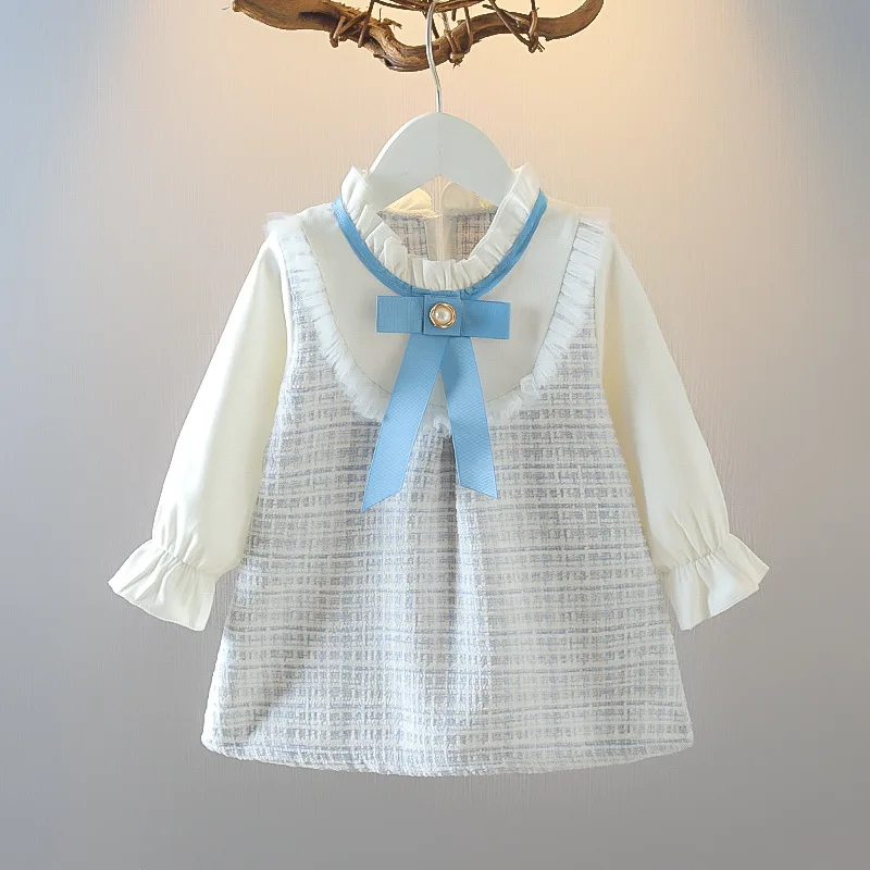 Color: Blue, Kid Size: 18M - Spring and Autumn New Baby Girl Long Sleeve Dress Fake Two Small Checkered Children's Clothes (0-3 Years Old)